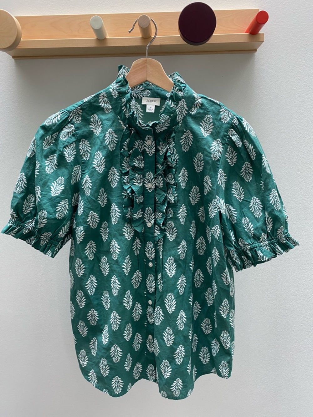 J. Crew Emerald Green Ruffle-Front Short Sleeve Blouse